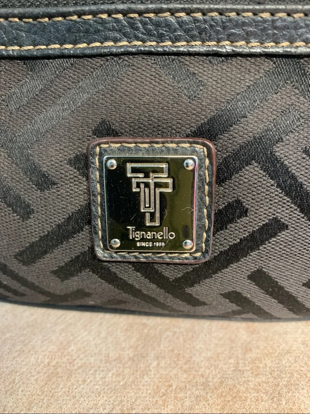 Tignanello Black Monogram Jacquard  Patterned Wristlet/ Clutch With Leather Trim